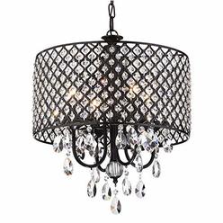 Edvivi Marya Drum Crystal Chandelier, 4 Lights Glam Lighting Fixture with Black Finish, Adjustable Ceiling Light with Round Crys