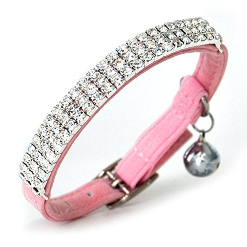 CHUKCHI Soft Velvet Safe Cat Adjustable Collar Bling Diamante with Bells,11 inch for Small Dogs and Cats (Pink)