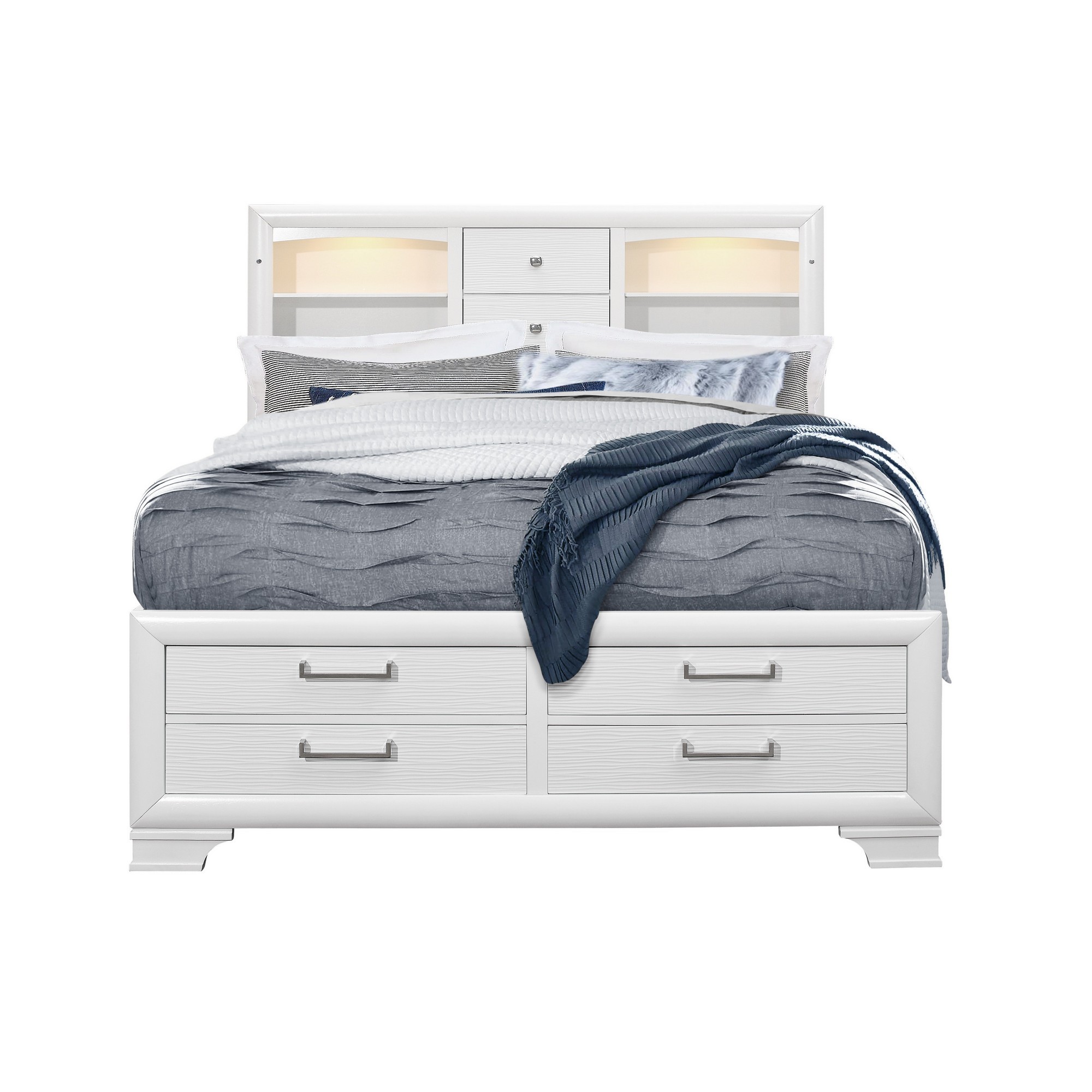 Homeroots Bed & Bath HomeRoots 383795 White Rubberwood Bed with bookshelves Headboard&#44; LED lightning & 6 Drawers - King Size