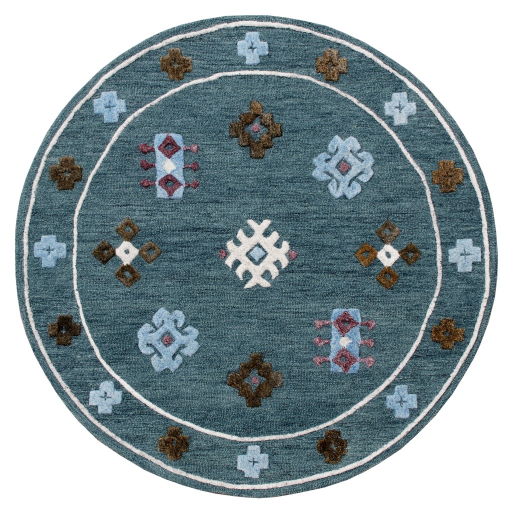 HomeRoots Home Decor 5’ Round Blue Bordered Motif Area Rug