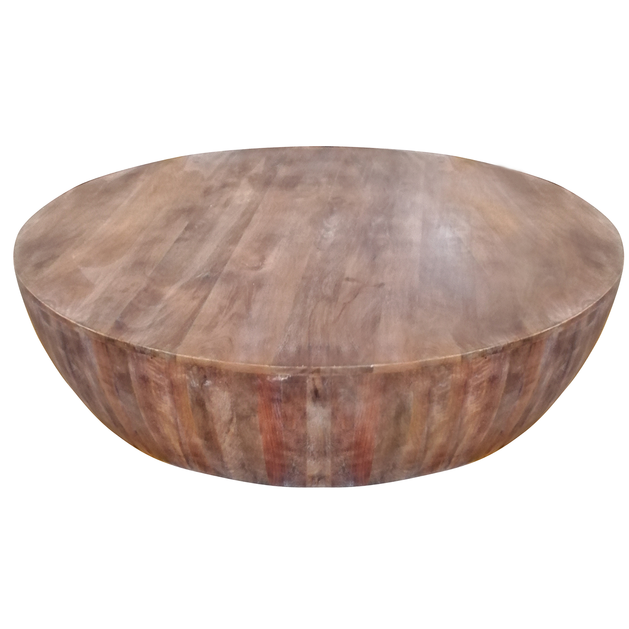 The Urban Port Handcarved Drum Shape Round Top Mango Wood Distressed Wooden coffee Table, Brown