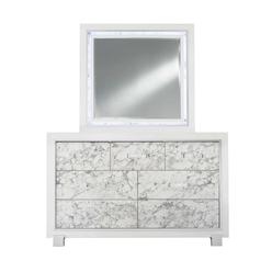 Homeroots Bed & Bath HomeRoots 384040 Modern White Mirror with Faux Marble Border Detail LED Lightning