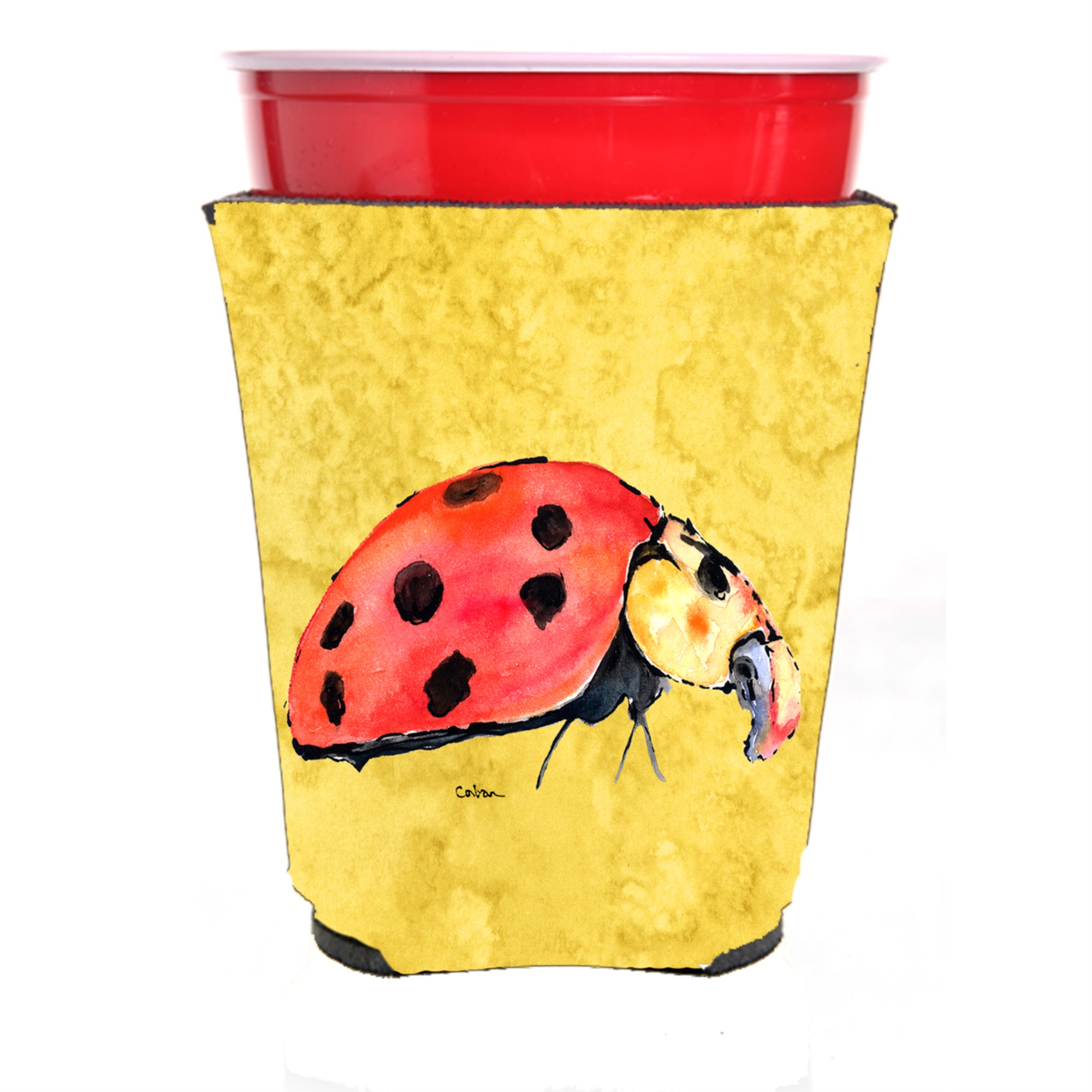 Caroline's Treasures Lady Bug on Yellow Red Solo Cup Beverage Insulator Hugger