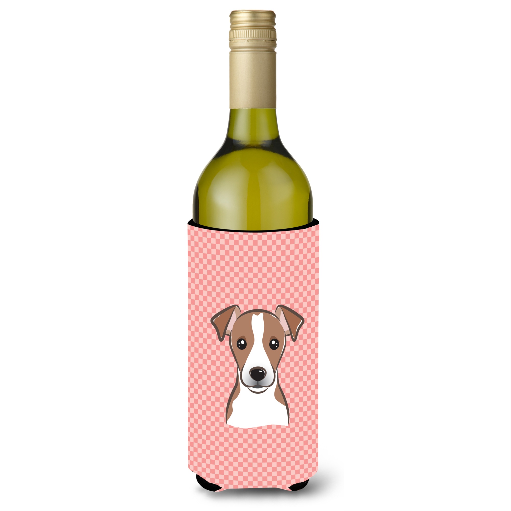 Caroline's Treasures Checkerboard Pink Jack Russell Terrier Wine Bottle Beverage Insulator Hugger BB1260LITERK