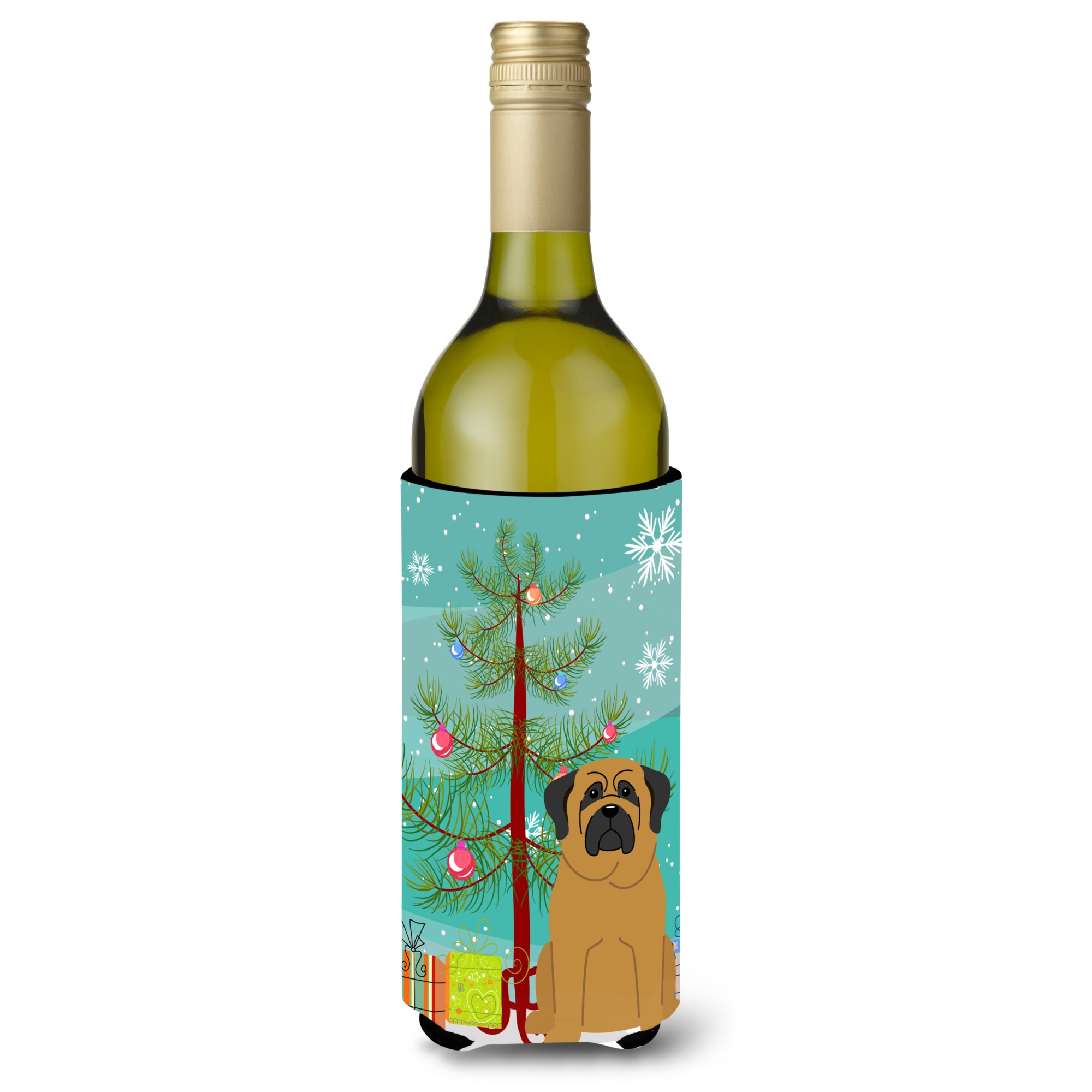 Caroline's Treasures BB4143LITERK Merry Christmas Tree Mastiff Wine Bottle Beverage Insulator Hugger, 750ml, Multicolor
