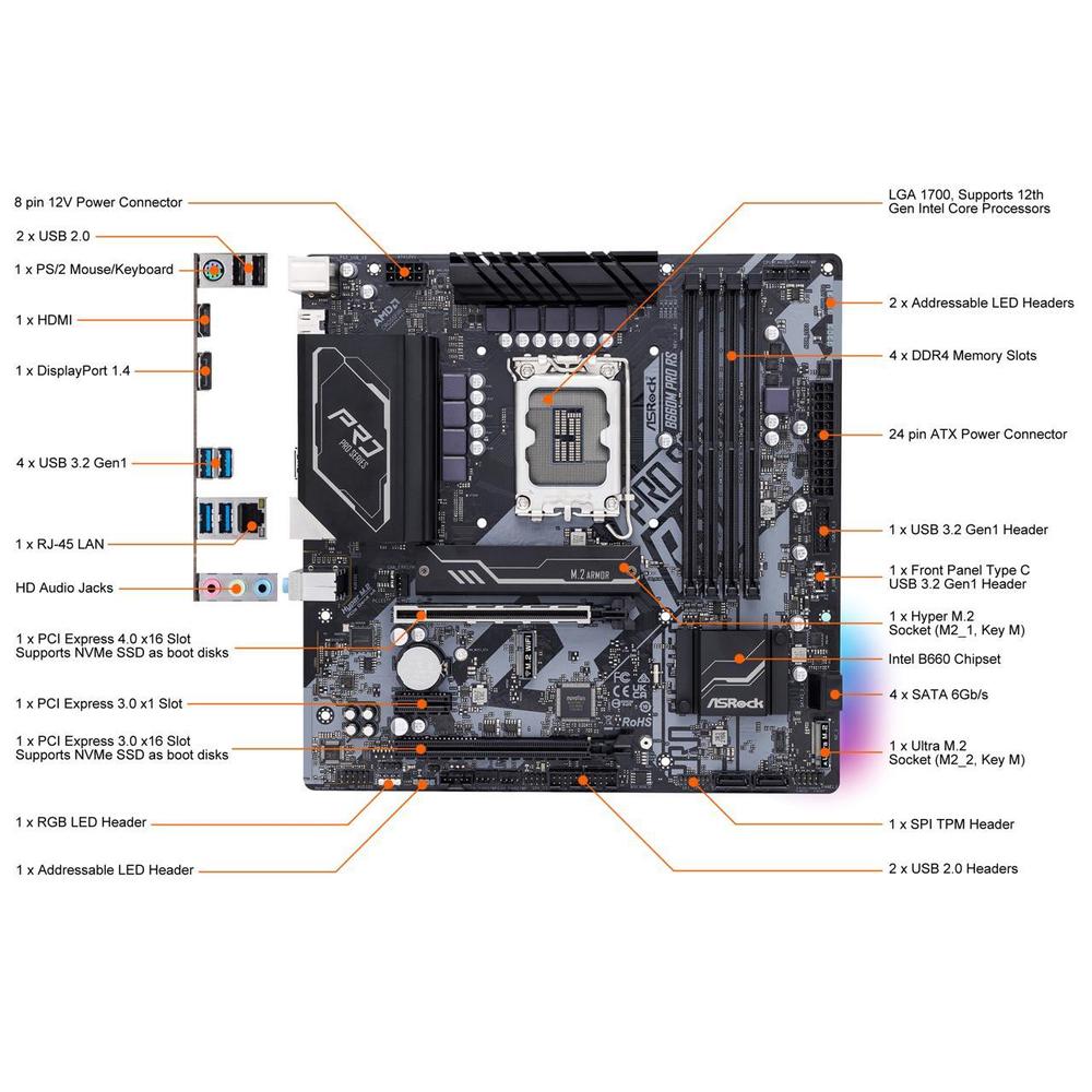 ASRock B660M PRO RS LGA 1700 Intel B660 SATA 6Gb/s DDR4 Micro ATX  Motherboard