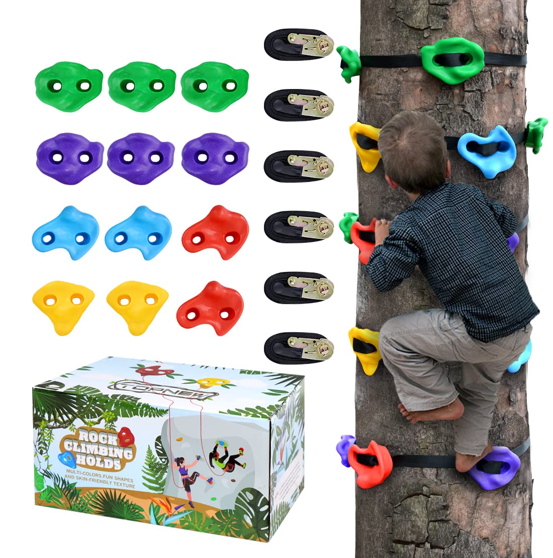 TOPNEW 12 Ninja Tree climbing Holds for Kids climber, Adult climbing Rocks with 6 Ratchet Straps for Outdoor Ninja Warrior Obsta