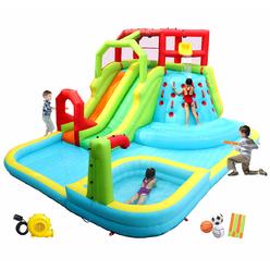 WELLFUNTIME Inflatable Water Slide Park with Splash Pool climb The Wall, 3 Inflatable Sport Balls and 4 Water guns, Water Slide