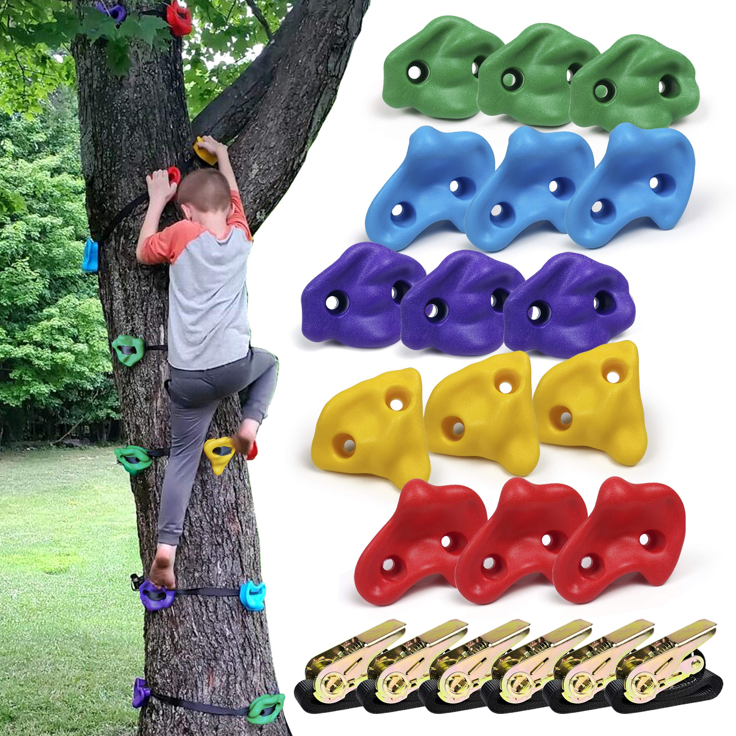 ssbright tree climbers, set of 15 climbing holds/steps for kids' outdoor active play with 6 ratchet straps