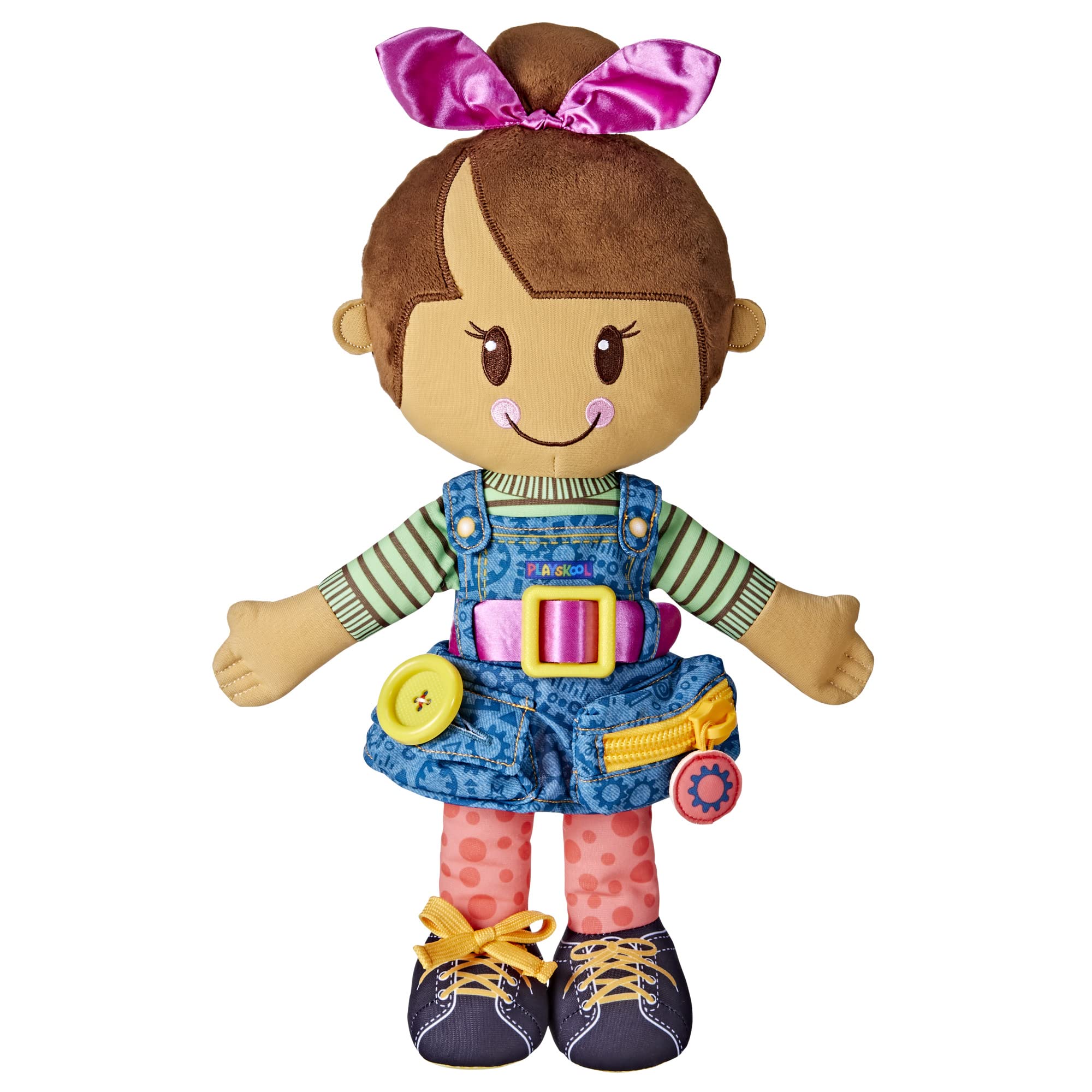 Playskool Dressy Kids Doll with Brown Hair and Bow, Activity Plush Toy with Zipper, Shoelace, Button, For Ages 2 and Up ( Exclus
