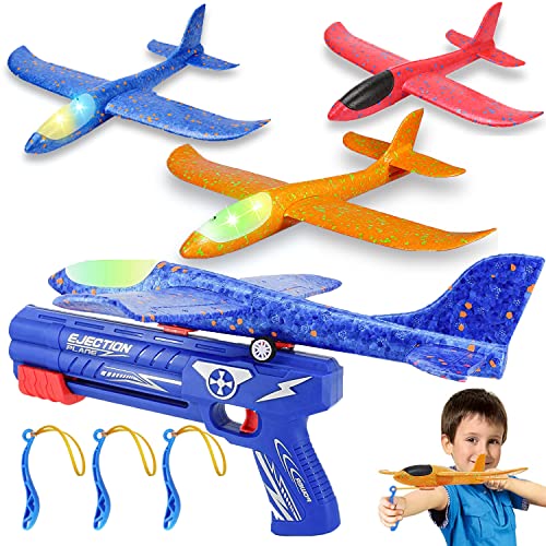 gDJUES 3 Pack Airplane Launcher Toy, 133 LED Light Foam glider Led Plane, Flight Mode catapult AirplaneAirplane gun Launcher Toys, Outs