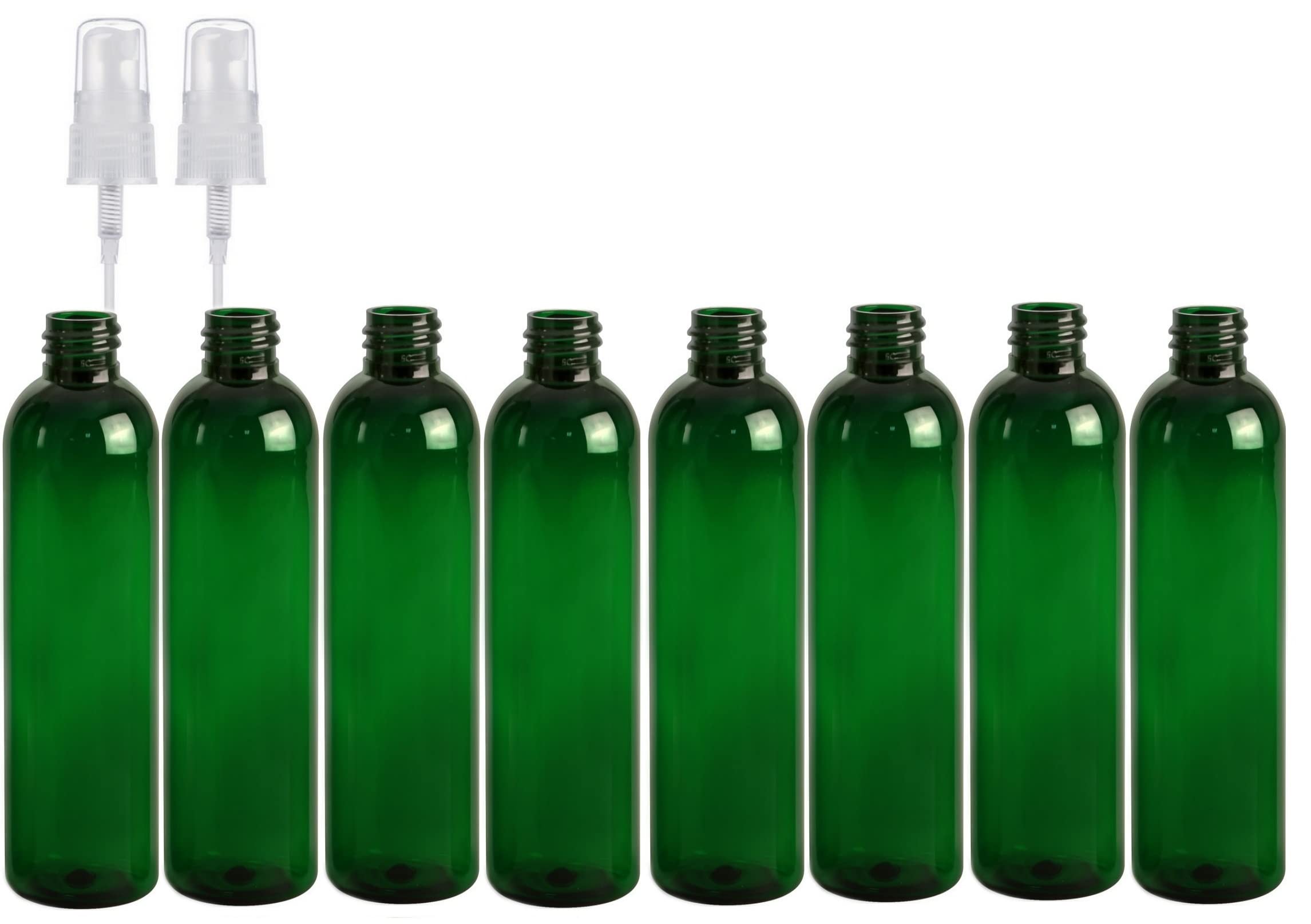 Premium Essential Oi 8 Ounce cosmo Round Bottles, PET Plastic Empty Refillable BPA-Free, with Natural color Fine Mist Spray caps (Pack of 8) (green)