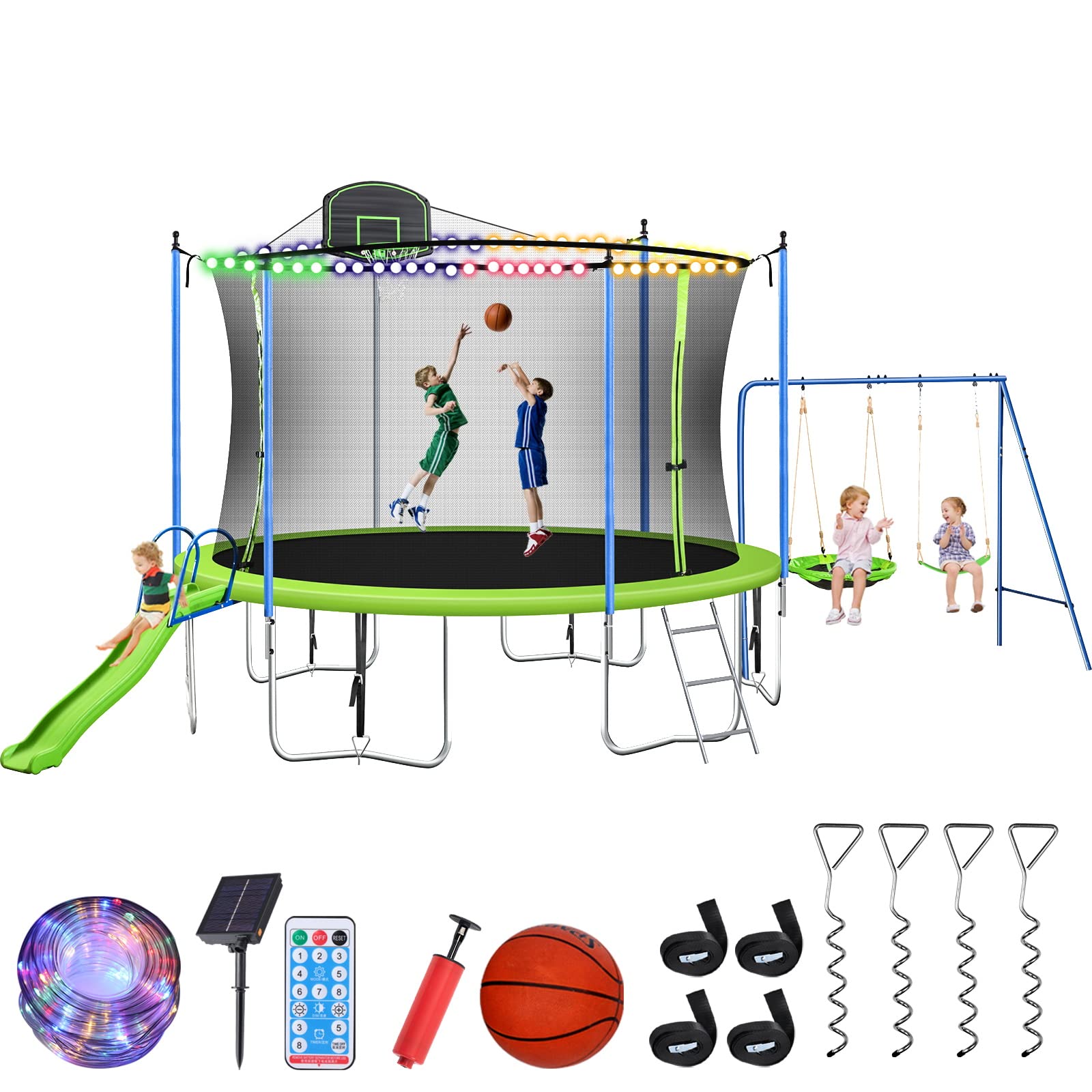 Lyromix 12 14FT Trampoline with Slide and Swings, ASTM Approved Large Recreational Trampoline with Basketball Hoop and Ladder,Ou