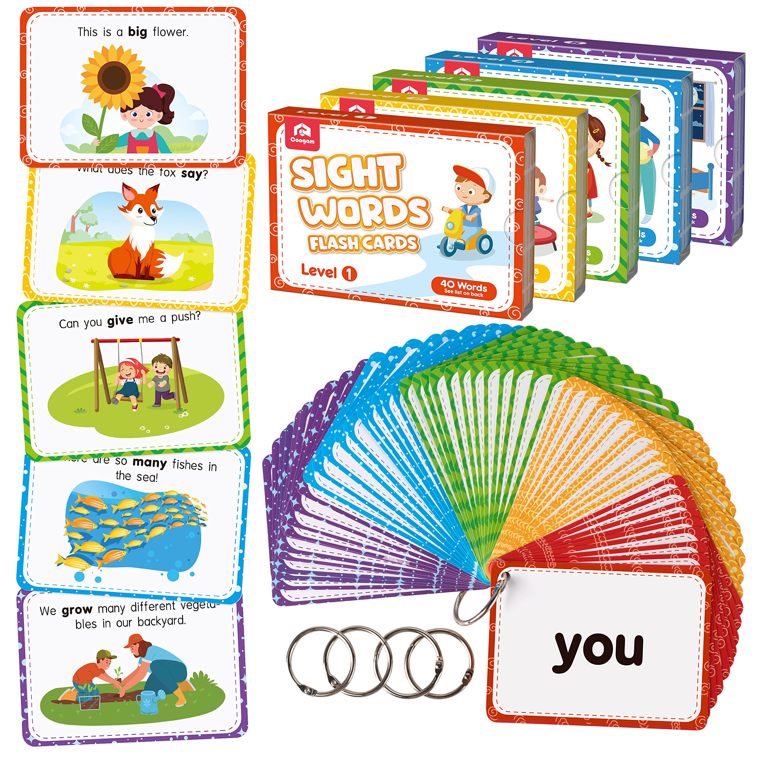 C COOGAM coogam Sight Words Flashcards - 220 Dolch Sightwords game with Pictures & Sentences,Literacy Learning Reading cards Toy for Kind