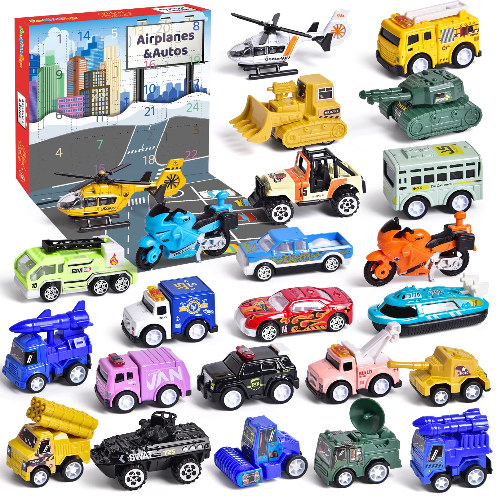 Fun Little Toys FUN LITTLE TOYS Vehicles Advent calendar 2022 for Kids 24  Days countdown calendar Toys with 24 Different Pull Back cars Stocking