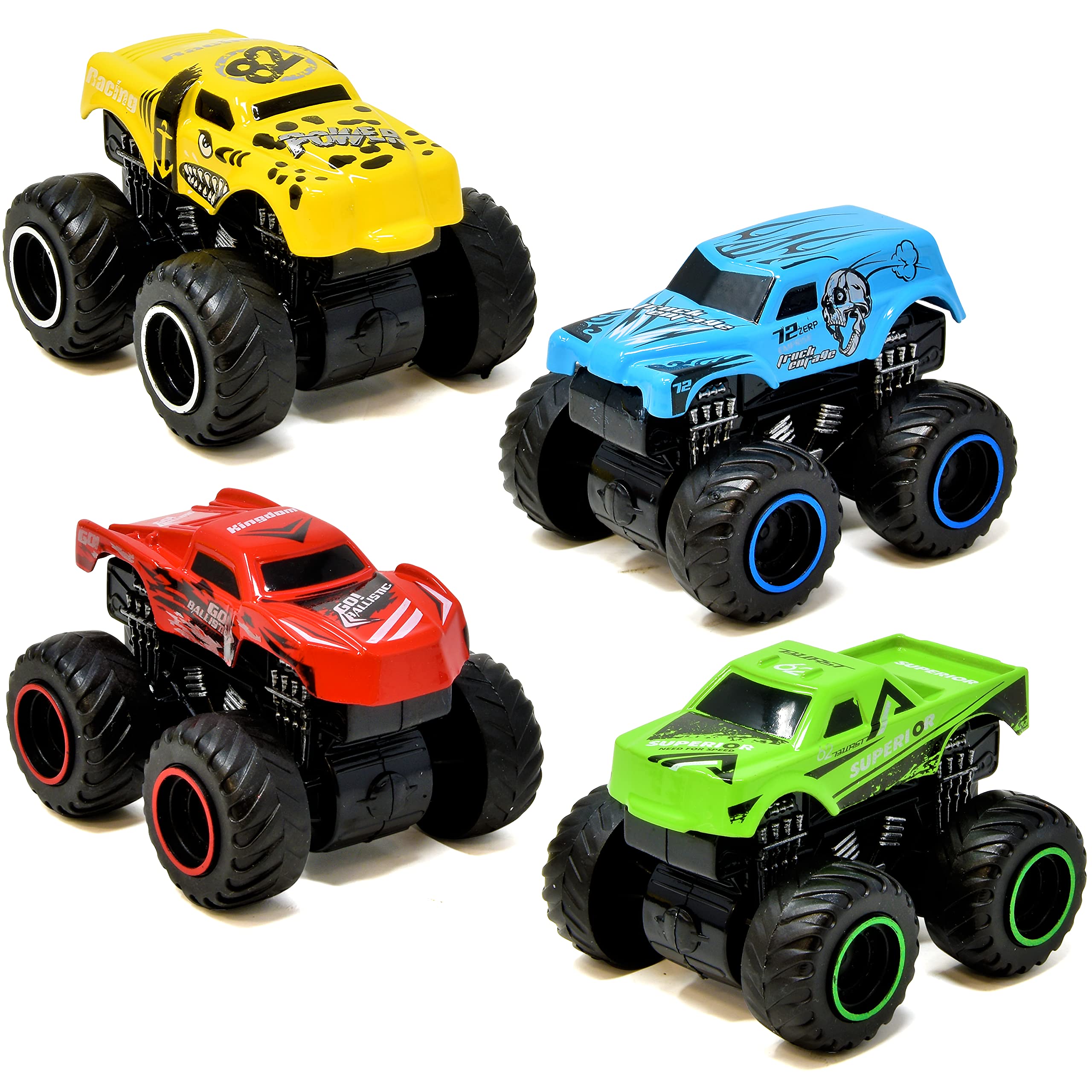 Number 1 in Service Monster Trucks for Boys Inertia Powered 4 Wheels Diecast Mini Vehicle Set Push and go Small Toy cars 4 Pack for Toddlers and Kid