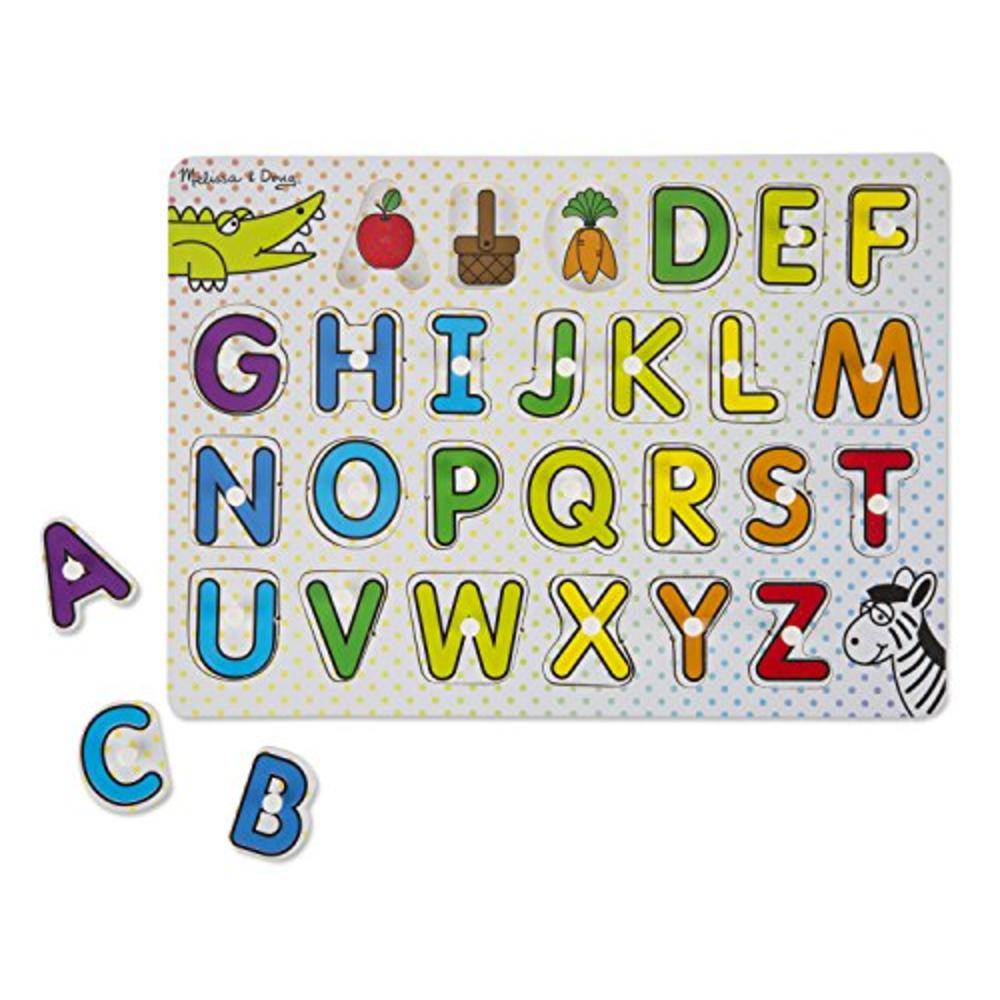 Melissa & Doug ABCs and 123s Wooden Peg Puzzles Set With Puzzle Keeper Stretchy Cover