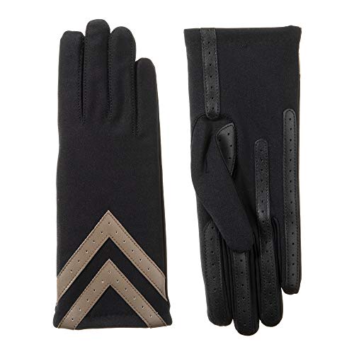 isotoner womens Fleece-lined With Chevron Applique and Smart Touch cold weather gloves, Black & Tan - Smartdri, Small-Medium US