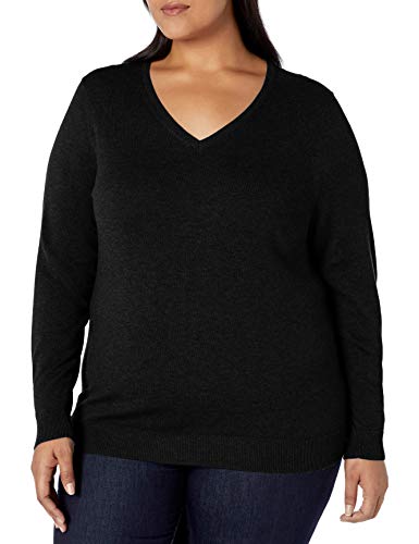 Amazon Essentials Essentials Womens Plus Size Lightweight V-Neck Sweater,  Black, 2X