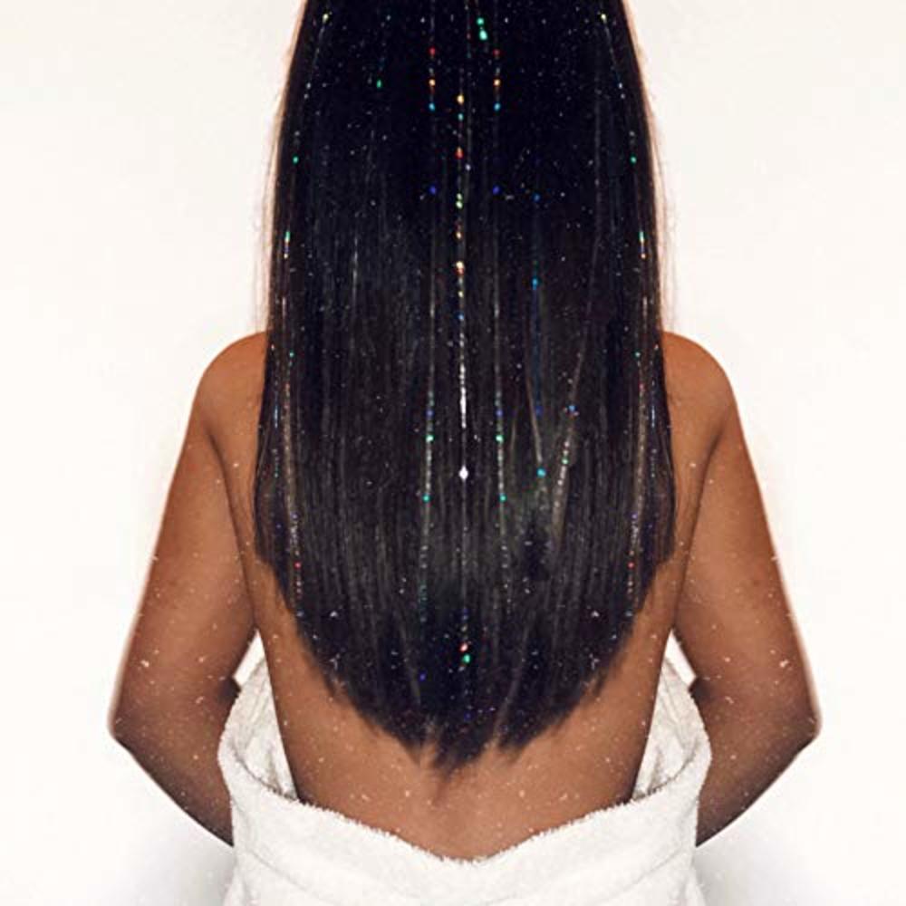 La Demoiselle 40” Hair Tinsel 200 Strands Two Sparkling Colors : Silver &  Stellar Midnight Black