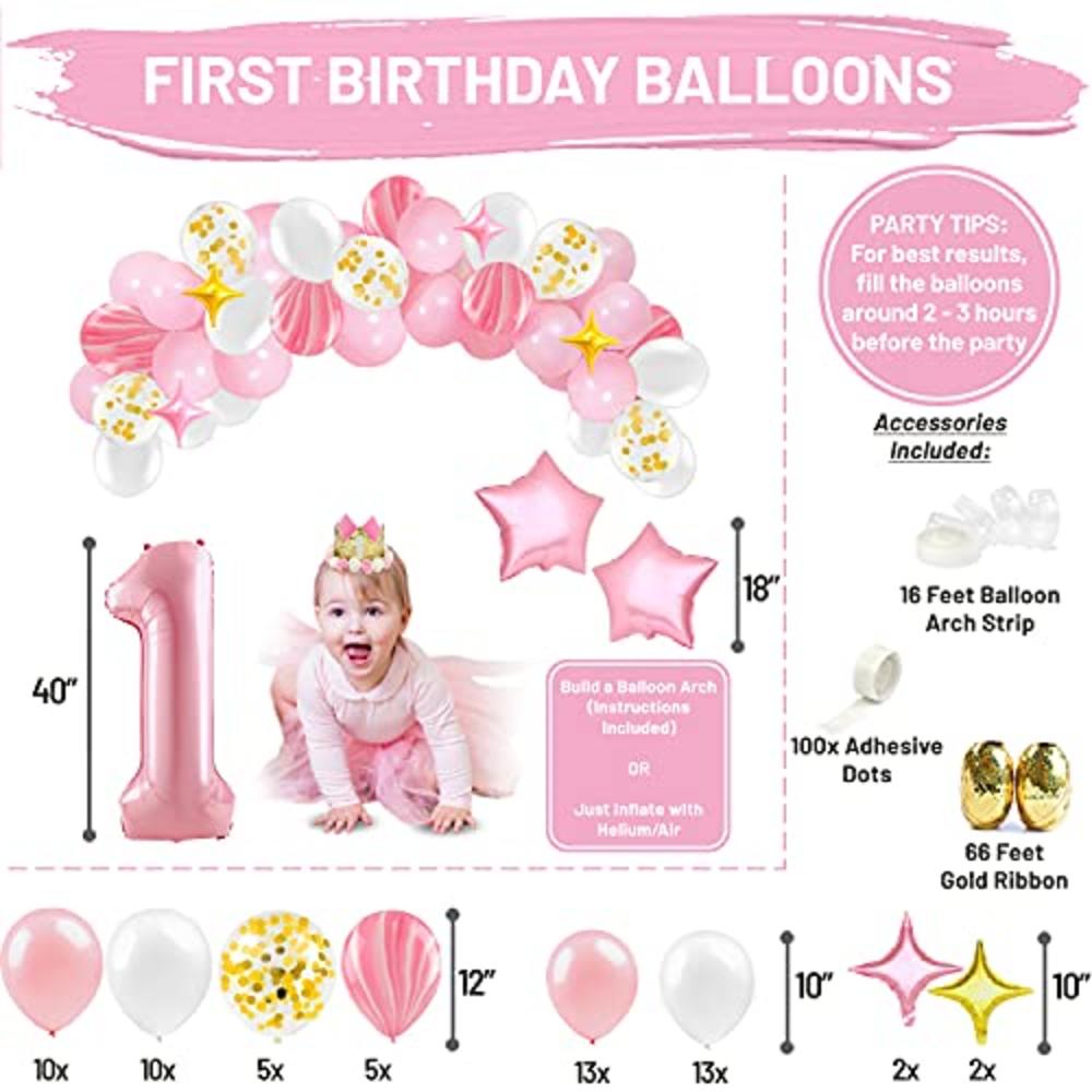 PartyHooman 1st Birthday Girl Decorations WITH Birthday Crown- Baby First Birthday Decorations Girl - Pink and Gold Party Supplies - One Bal