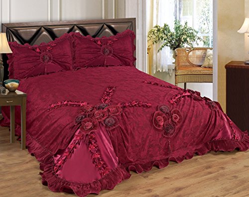 Empire Furniture USA 3 Piece Real 3D Comforter Set Bedspread Flower Ruffle Oversized Queen/King (Queen Size, Fionna Burgundy)