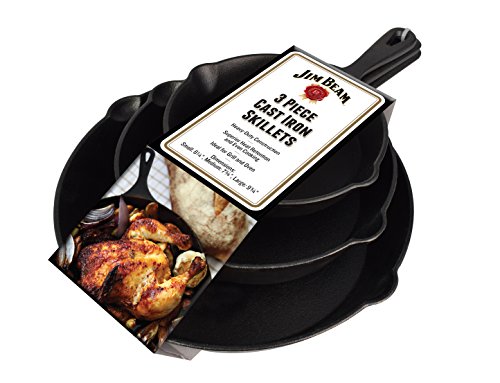 Jim Beam HEA Set of 3 Pre Seasoned Cast Iron Skillets with Even Distribution and Heat Retention-6" 8" 10", 10, Black