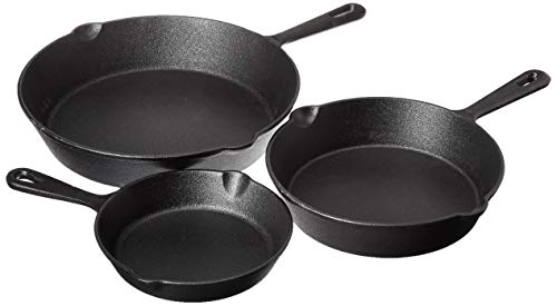Jim Beam HEA Set of 3 Pre Seasoned Cast Iron Skillets with Even Distribution and Heat Retention-6" 8" 10", 10, Black