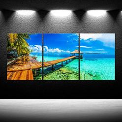 iKNOW FOTO 3 Panel Canvas Print Wall Art Maldives Beach Resort Panoramic Landscape Tropical Palm Trees Photography Modern