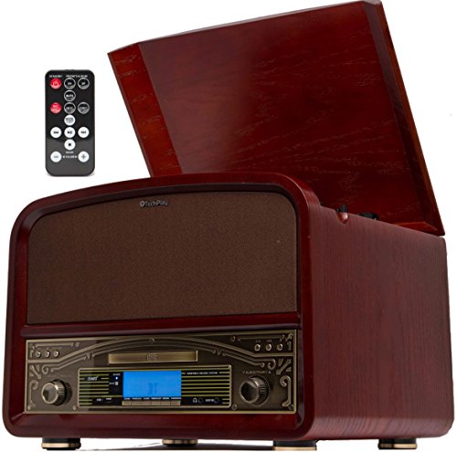 TechPlay TCP9560BT CH, Bluetooth 20W Retro Wooden 3 Speed Turntable with CD Player, AM/FM Radio, USB Recording & Playback with R