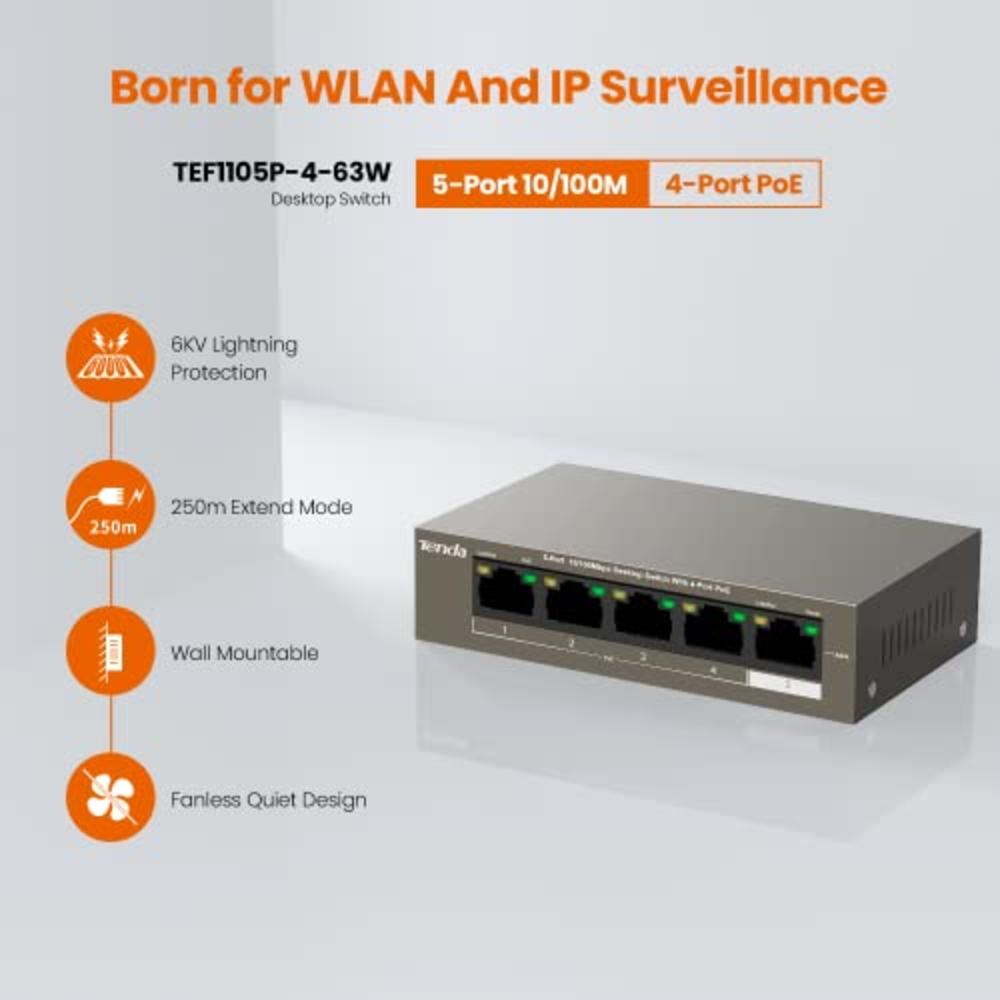 Tenda 5-Port 10/100Mbps Fast Ethernet Unmanaged PoE Switch-with 4 PoE@58W (TEF1105P) | Desktop & Wall-Mount | Fanless Ethernet S