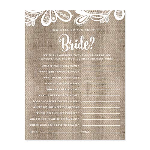 Andaz Press Burlap Lace Wedding Collection, How Well Do You Know The Bride? Bridal Shower Game Cards, 20-Pack