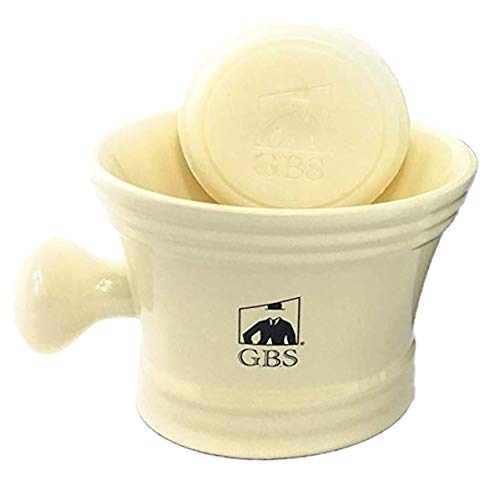G.B.S Heavy Duty Ceramic Ivory Shaving Mug with Knob Handle and Natural Soap 3 0z - Great to pair with any shave set | Durable Q