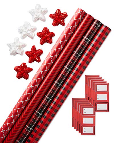 American Greetings Christmas Wrapping Paper Kit - 4 Red Patterned Rolls with Gridlines, 7 Bows and 30 Gift Tags (41-Count, 120 s
