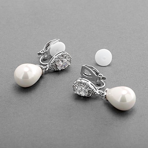 Mariell Glass Pearl Drop Clip On Earrings with Pear-Shaped CZ Halos for Wedding, Bridal, Formal & Fashion