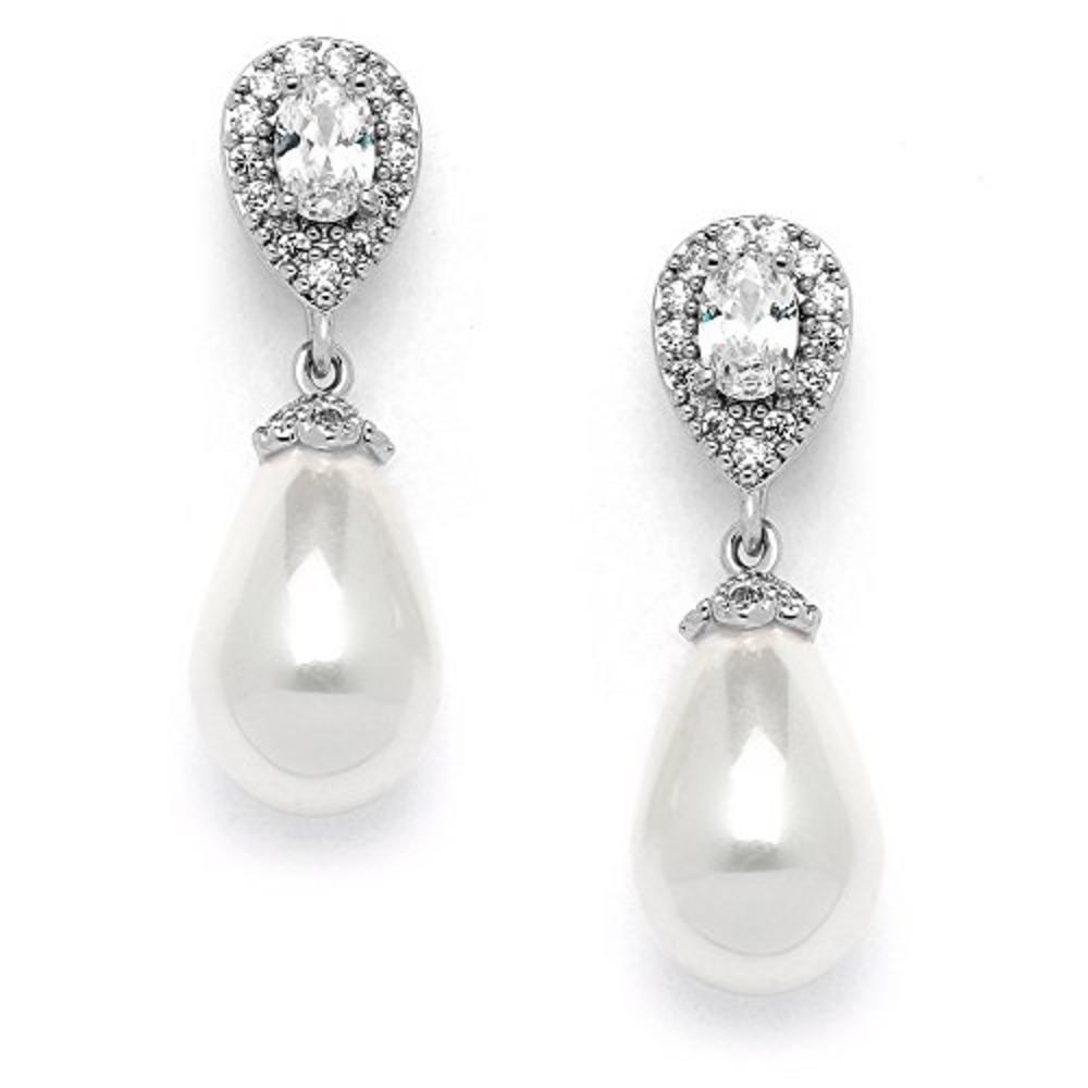 Mariell Glass Pearl Drop Clip On Earrings with Pear-Shaped CZ Halos for Wedding, Bridal, Formal & Fashion
