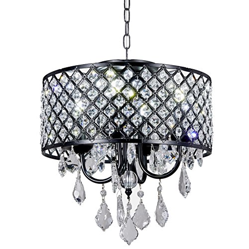 New Galaxy 4-Light Antique Black Round Metal Shade Crystal Chandelier Pendant Hanging Ceiling Fixture