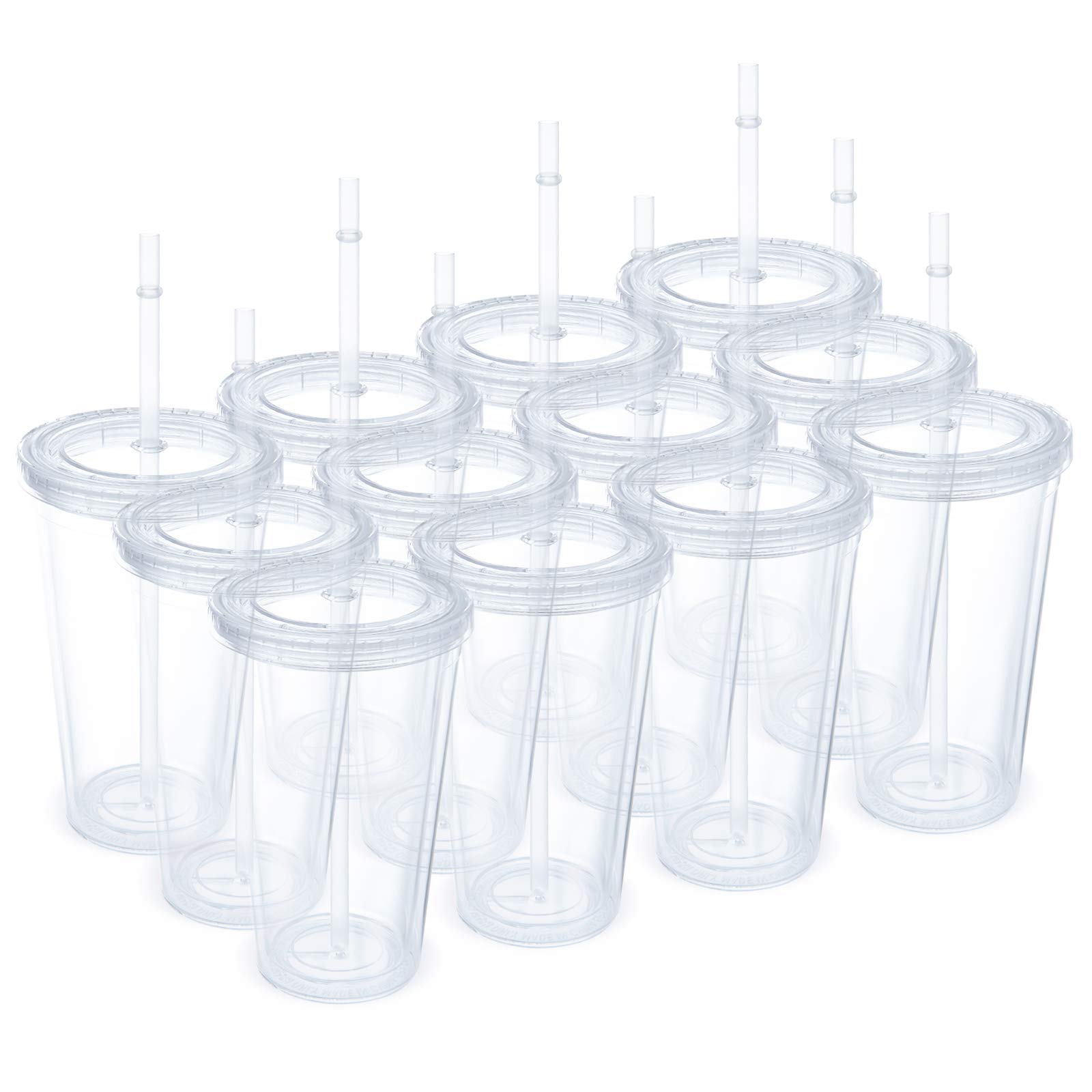Gtmileo 12 Pack clear Insulated Tumblers, Plastic Tumbler cups, Double Wall Tumblers, 16Oz Acrylic Insulated Tumbler cups with Lid and R