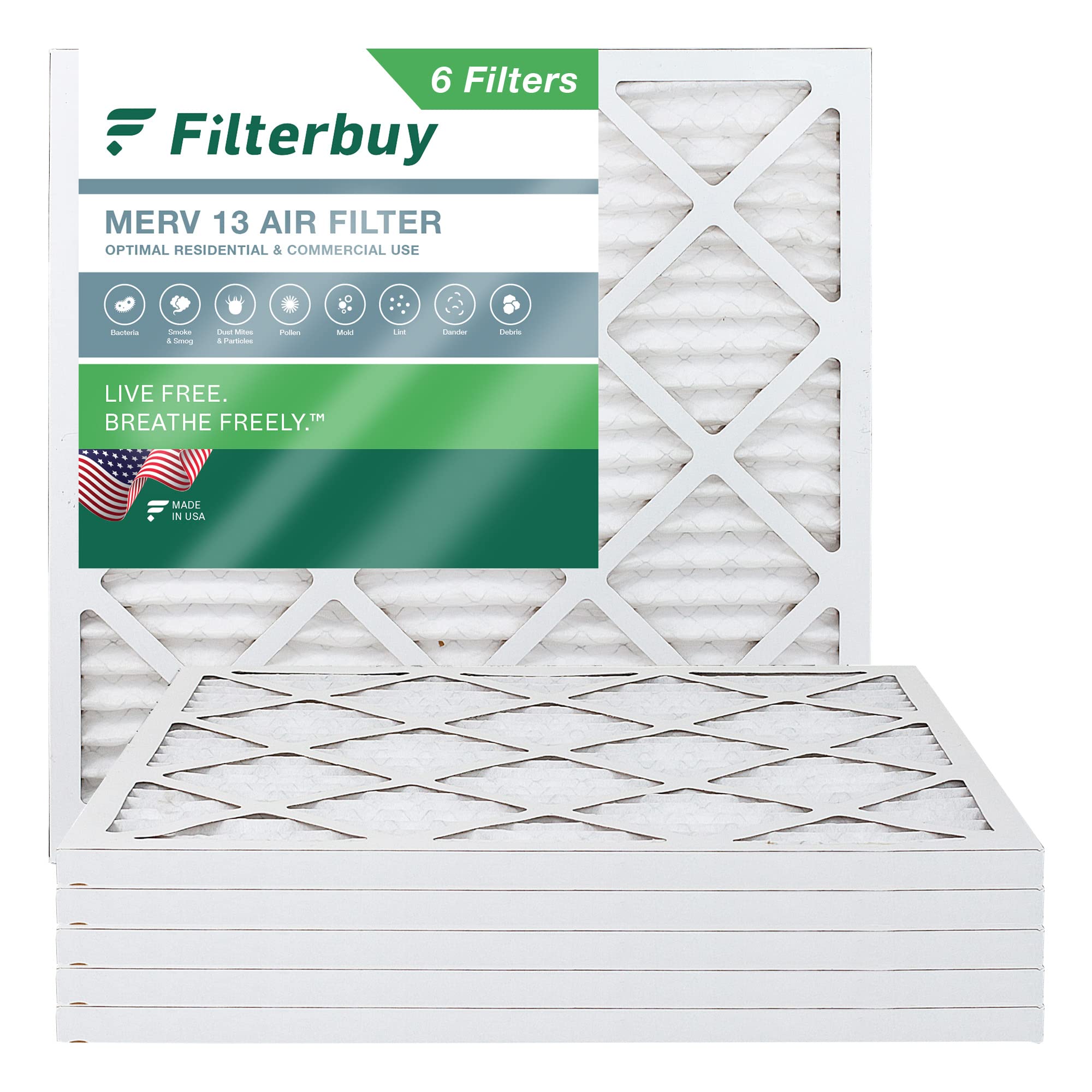 Filterbuy 22X22X1 Air Filter Merv 13 Optimal Defense (6-Pack), Pleated Hvac Ac Furnace Air Filters Replacement (Actual Size: 21.