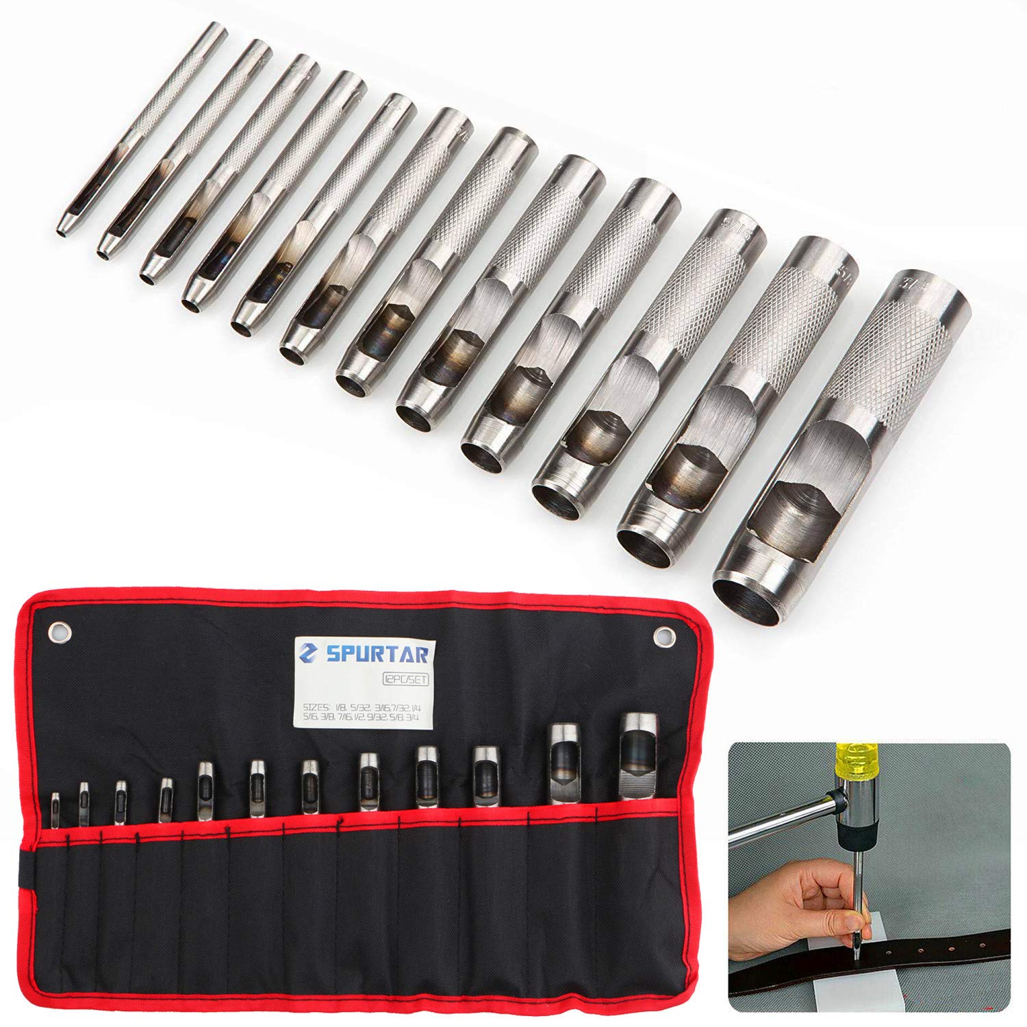 Spurtar 12 Pcs Steel Hollow Leather Punch Set 18-34(3-19Mm) Heavy Duty Round Hole Punch Set Leather Hole Tool For Watch Cloth Be