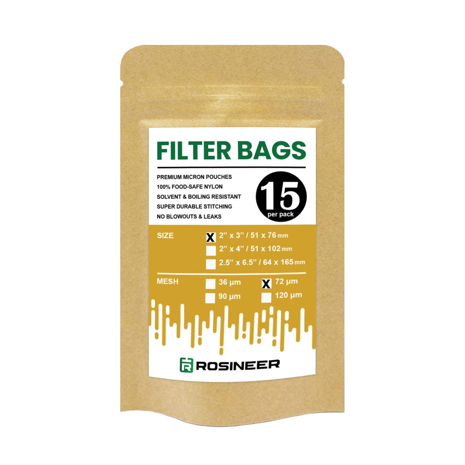 Rosineer Premium Nylon Filter Bags, 2 X 3, 15 Pcs, 72 Micron Mesh Size, Double Stitching, Zero Blowouts