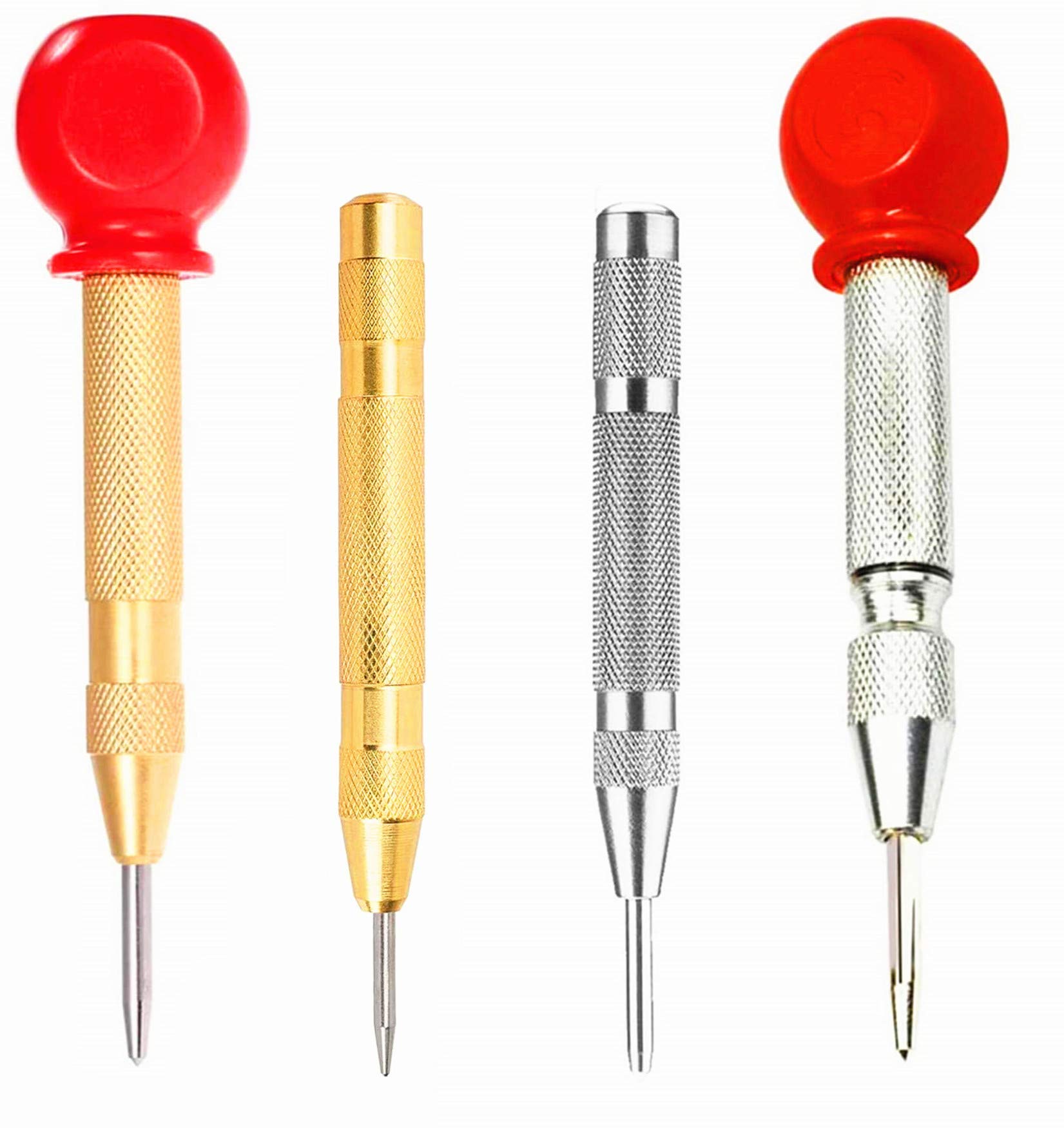 Sweetfamily 4 Pack Automatic Center Punch,5 Inch Brass Spring Loaded Center Hole Punch With Adjustable Tension, Awl Puncher With Cushion Cap