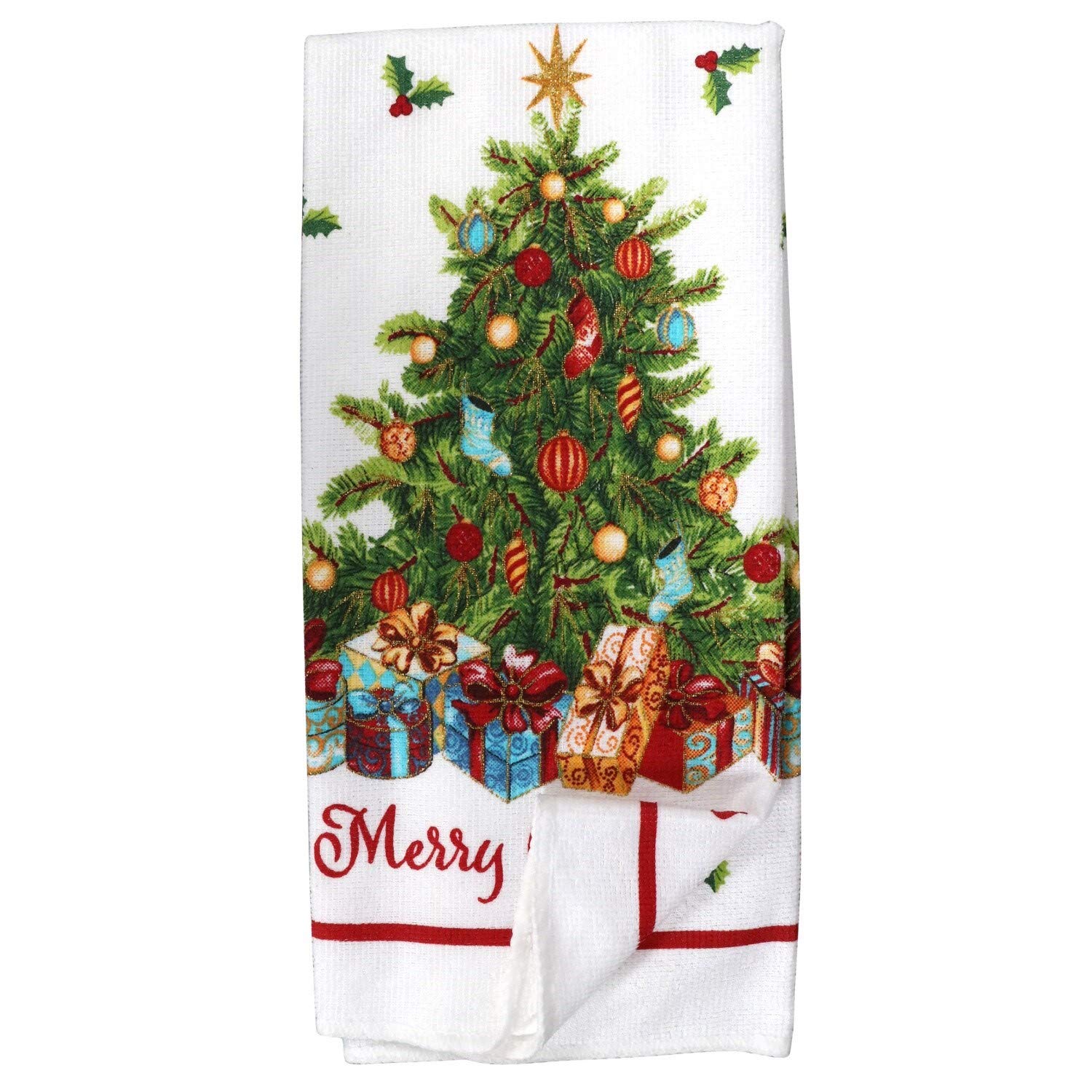 GreenBrier Merry Christmas Sentiment With Beautiful Christmas Tree Set Of (2) Kitchen Towels 15 X 25 In