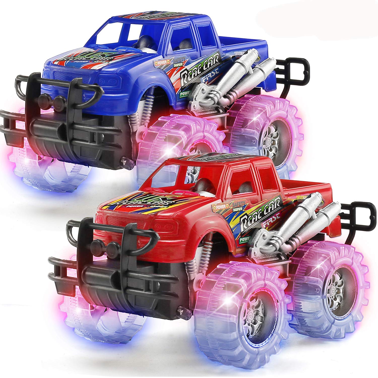 Byonebye 2 Pack Light Up Monster Truck car Toy with Beautiful Flashing LED Tires, Best Birthday gift for Boy girl Ages 3+, Push n go cars