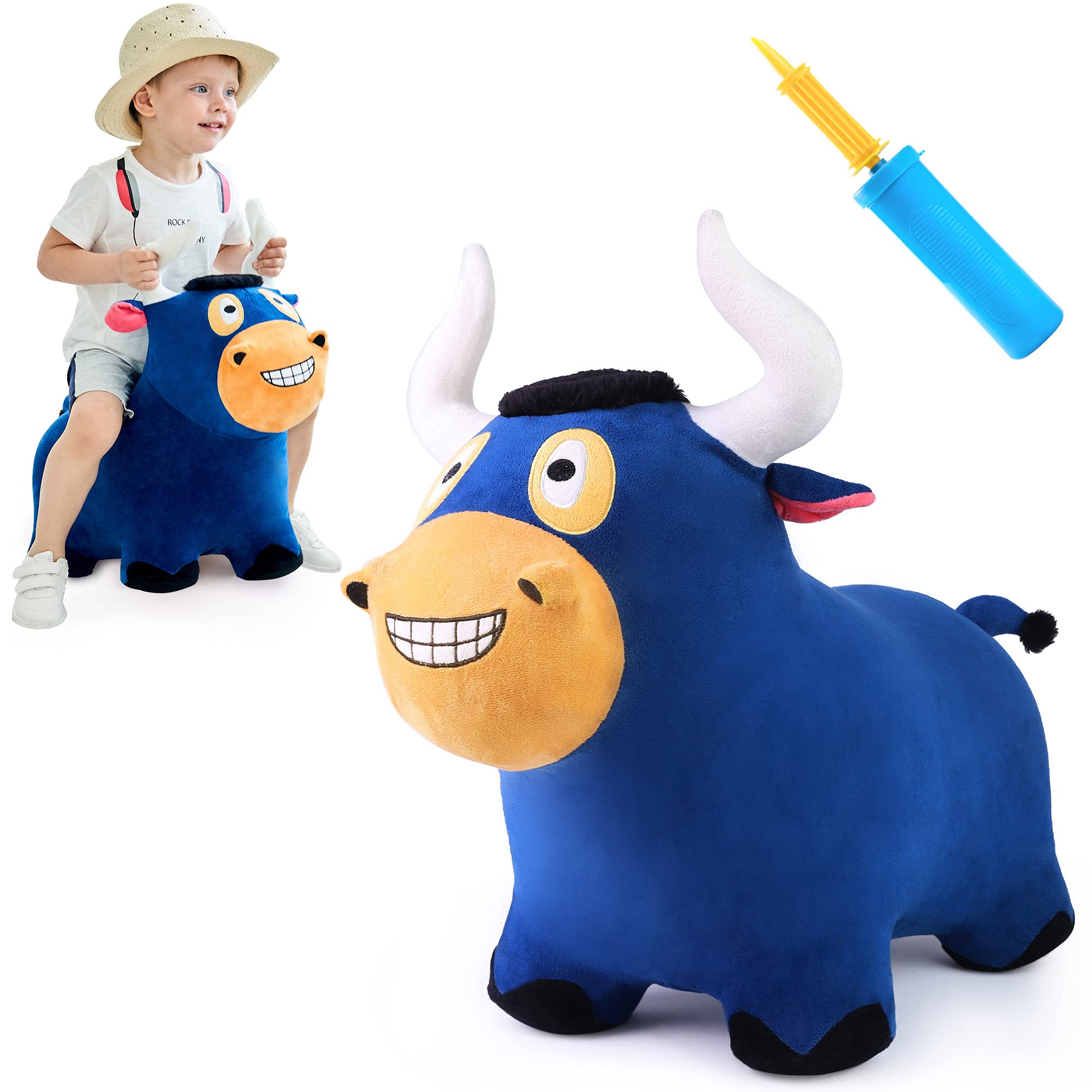 iPlay, iLearn Bouncy Pals Bull Hopper Toy, Toddler Plush Bouncing Horse, Kids Inflatable Ride Farm Animal Bouncer W Pump, Indoor