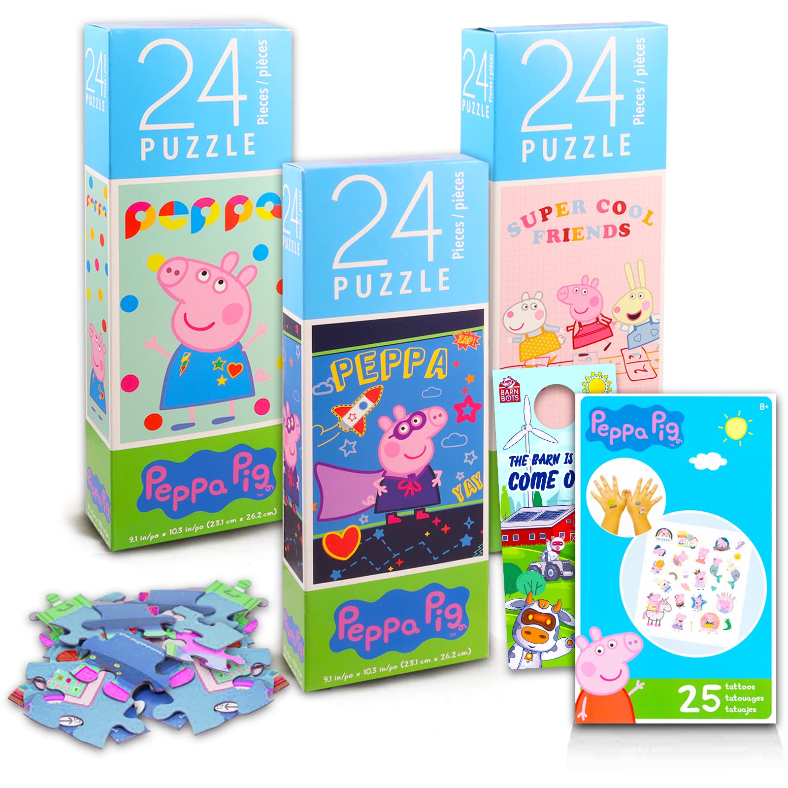 Peppa Pig Store Peppa Pig Jigsaw Puzzle Assortment for Boys, girls - Bundle with 3 Peppa Pig 24 Piece Puzzles Plus Peppa Pig Tem