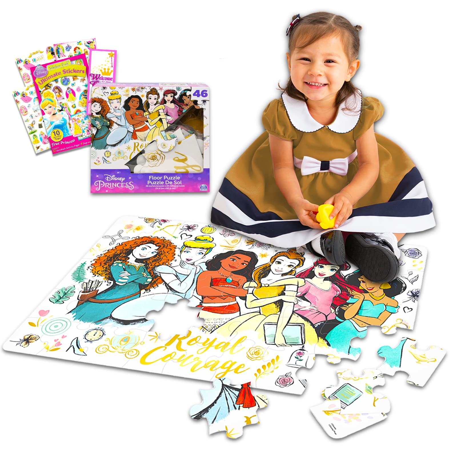 Classic Disney Disney Princess Floor Puzzle for Kids, Toddlers - Princess 46 Piece Puzzle Bundle with Princess Stickers, More (Disney Princess
