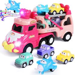 Super Joy Toy carrier cars for girls 1-3, 5 in 1 Transport Toy Trucks cartoon Vehicles Pink Princess car with Lights and Sounds, christmas