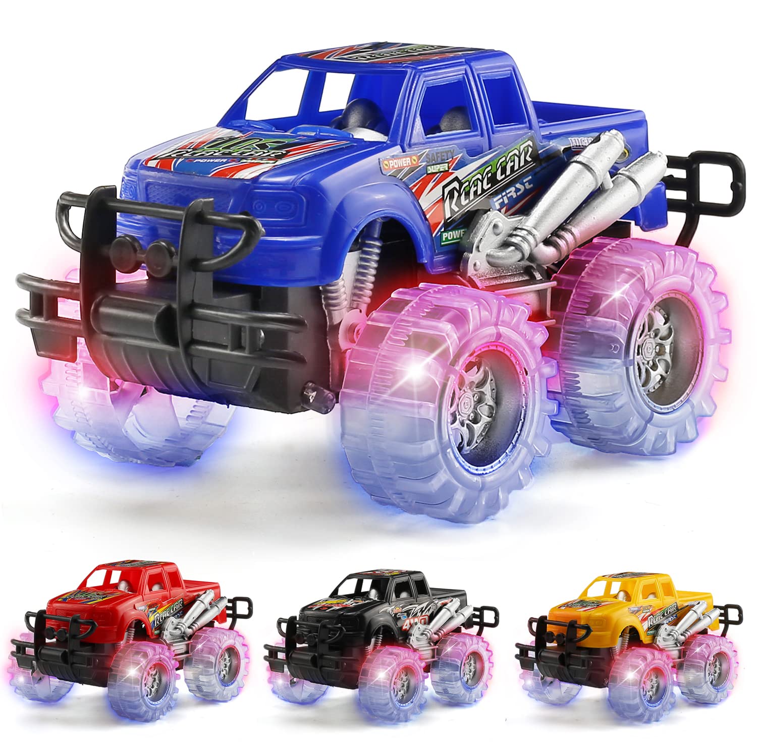 MAPIXO 4 Pack 4 colors Light Up Monster Truck Set with Flashing LED Wheels, Best gift for Boy and girl Age 3+ Years Old Push n go car,