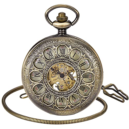 Alwesam Retro Bronze Steampunk Men Mechanical Hand-Wind Pocket Watch Hollow Roman Number Skeleton clock with chain & Box gifts